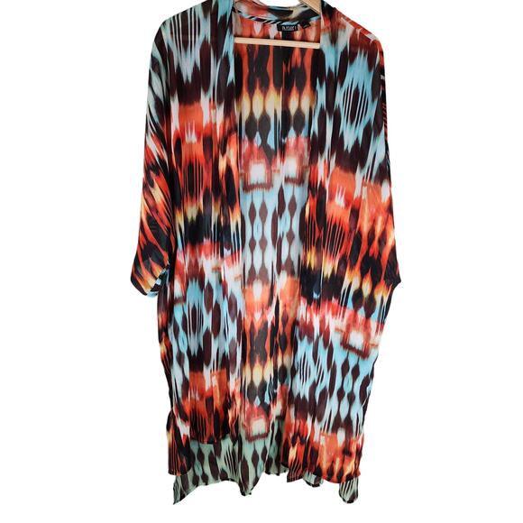 a.n.a. Colorful Blue Black Rust Geometric Lightweight Duster Cardigan SZ 1X - Picture 1 of 6